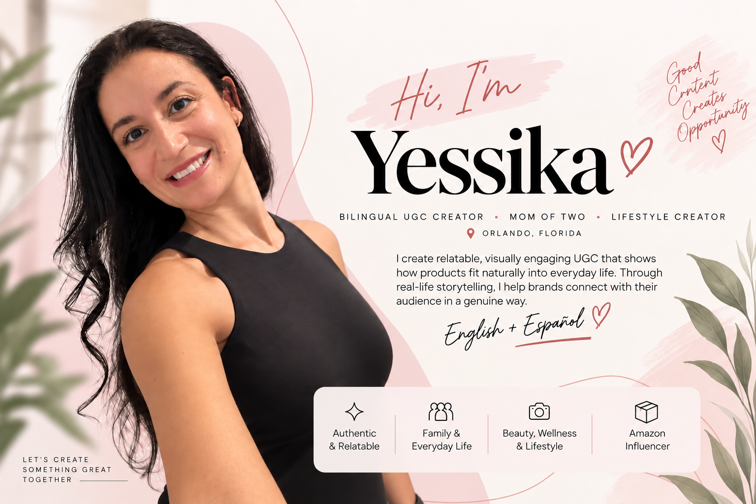 YessikaFinds portfolio hero artwork featuring Yessika, bilingual UGC creator and mom of two.