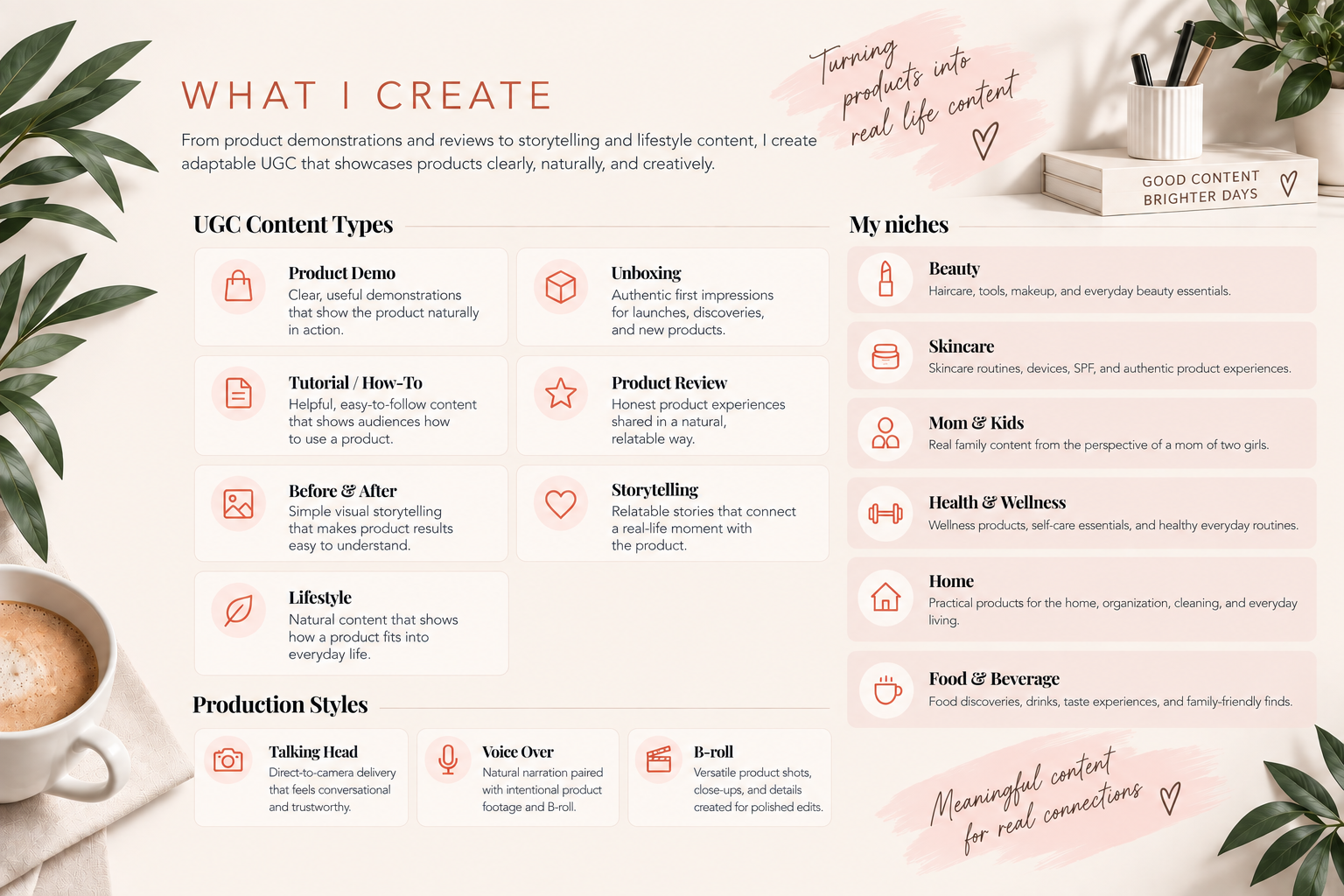 What I Create: Yessika's UGC content types, production styles, and content niches.